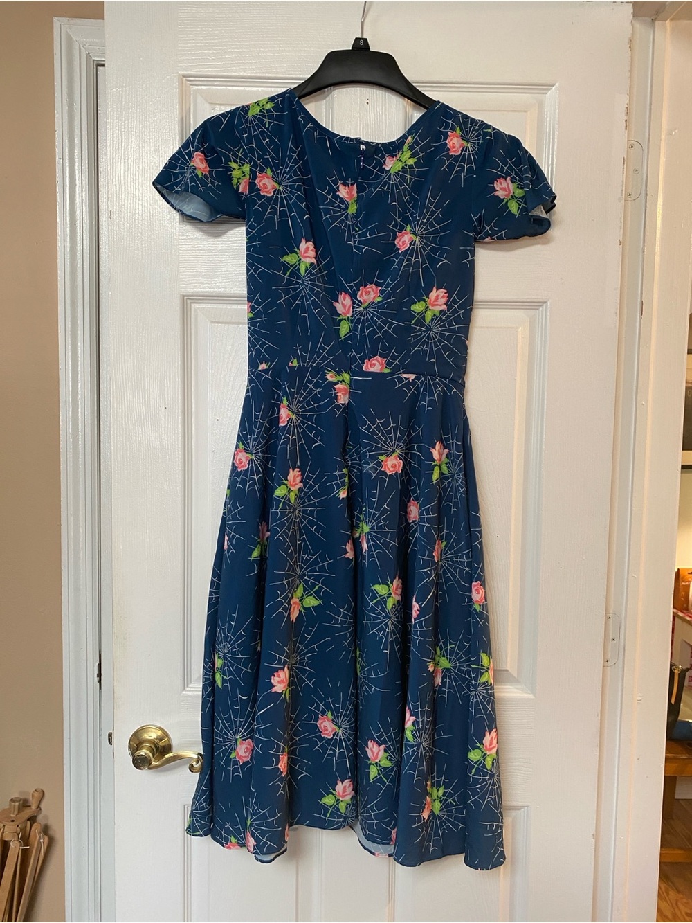 Rare Unique Vintage Spiderweb Roses Navy Blue Flare Dress - Picture 6 of 15